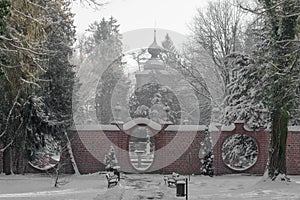 Winter morning in the Manor Park in the town of IÃâowa in western Poland. Lunar Gates.