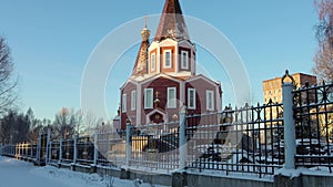 Winter morning in Siberia. Orthodox church in the city of Seversk.