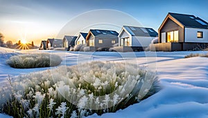Winter morning street with hi-tech style houses, the ground is covered with snow and frost, peaceful morning