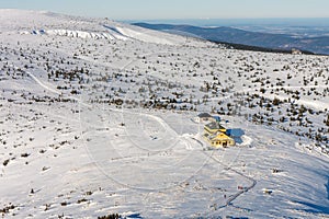 Winter morning, view from Snezka to Silesian house, krkonose mountains. Snezka is mountain on the border between Czech Republic