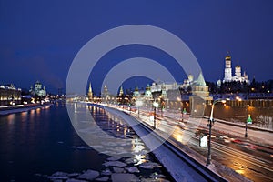 Winter Moscow at night. Kremlin, Moscow river, Christ the Saviour Cathedral