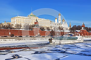 Winter Moscow, travel by boat on the frozen Moscow river