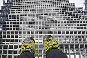 Winter mountain boots on stairs