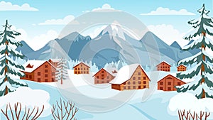 Winter mountain with cottages. Houses in snowy alpine peaks for wintertime holidays vacation. Cartoon landscape of ski