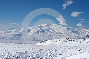 Winter mountain covered with snow near Mount Ararat, Turkey