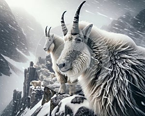 Winter Mountain Goats Wilderness Wildlife Snowy Rocky Mountains Canada AI Generated