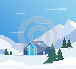 Winter mountain landscape with big house for tourists. Winter holidays in the mountains, ski resorts, house rentals. Vector flat