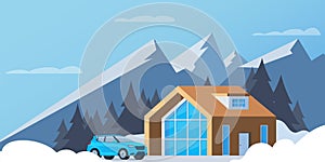 Winter mountain landscape with big house for tourists. Winter holidays in the mountains, ski resorts, house rentals. Vector flat