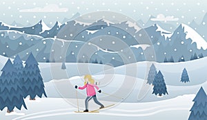 Winter mountain landscape in blue tones. A girl in winter clothes on cross-country skiing. Flat vector illustration