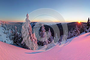 Winter mountain landscape with fog in the Giant Mountains on the Polish and Czech border - Karkonosze National Park. photo