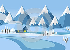 Winter mountain landscape with forest and snow-covered field on which stands the house vector illustration