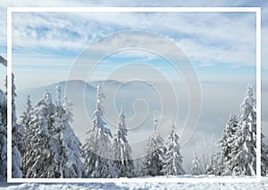 Winter mountain landscape, frame, template, eps.