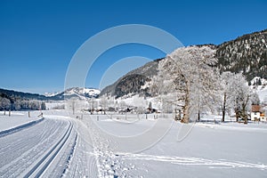 Winter mountain landscape with groomed ski trails. Leogang, Tirol, Alps, Austria