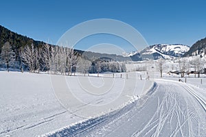 Winter mountain landscape with groomed ski trails. Leogang, Tirol, Alps, Austria