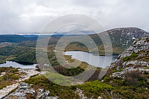 Winter mountain landscape with lake. Hiking in Cradle mountain in Tasmania