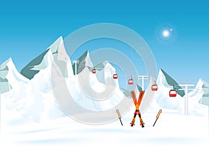 Winter mountain landscape with pair of skis