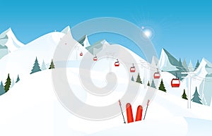 Winter mountain landscape with pair of skis in snow and ski lift