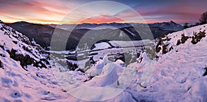 Winter mountain landscape panorama before sunrise