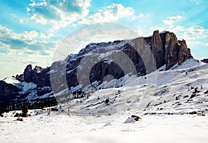 Winter mountain landscape in Passo Sella. Dolomites,Italy.