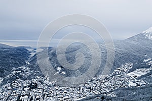 Winter mountain landscape: The Rosa Khutor Alpine Resort near Krasnaya Polyana panoramic background.