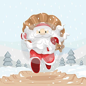 Winter mountain landscape scenery, running Santa Claus with his bag full of presents in snow.