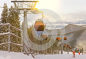 Winter mountain landscape, ski resort funicular view, cable car
