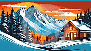 winter mountain landscape with a small cozy house and pine trees. Vector illustration. beautiful graphic illustration,