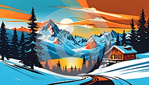 winter mountain landscape with a small cozy house and pine trees. Vector illustration. beautiful graphic illustration,