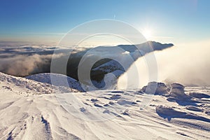 Winter mountain landscape with sun - Slovakia