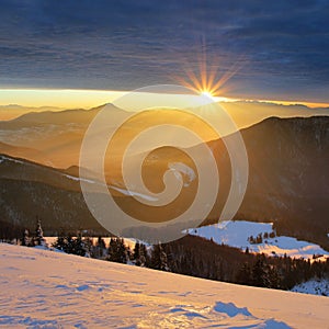 Winter mountain landscape with sun - Slovakia