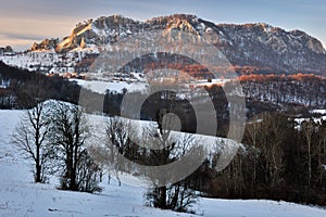 Winter mountain landscape at sunset with forest and big rock