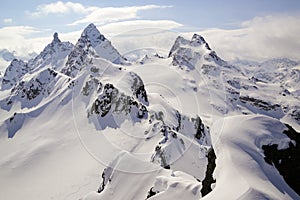 Winter mountain landscape in the Swiss Alps above Klosters with the Gross Litzner and Gross Seehorn mountain peaks