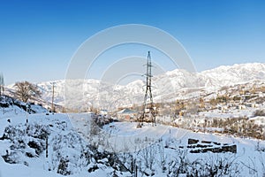 Winter mountain landscape of the Tianshan mountain system in Uzbekistan. Along the road to Tashkent