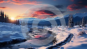 Winter mountain landscape tranquil scene, frozen beauty, majestic sunset generated by AI