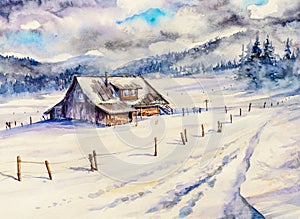 Winter mountain landscape with wooden house and cloudy sky.