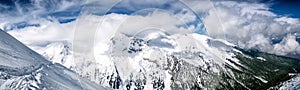 Winter mountain panorama with snowy trees on slope