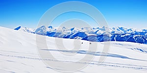 Winter mountain peaks are covered with snow. Ski landscape. Freeriding. Winter sports concept. Generative AI