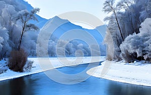 winter mountain river landscape. Ai generated