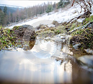 Winter at mountain river. Reflections of clouds in water level.