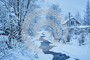 Winter mountain river after the snowfall