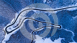 Winter mountain road view from above