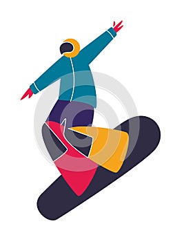 WInter mountain sport activities. Snowboarding. Snowboard rider. Flat style characters vector illustration.