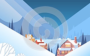 Winter Mountain Village Landscape Background, Night Snow Trees Forest