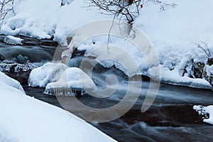 Winter mountain waterfall snow scene. Snowy mountain waterfall landscape. Winter mountain waterfall in Shipot waterfall