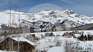 Winter mountains with cabins