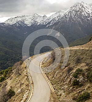 Country road in the highlands Greece, Peloponnese on a winter, snowy day