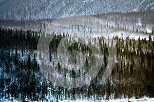 Winter mountains in frost smoke of upland