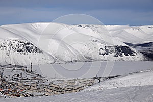 Winter mountains with frozen lake in Russia , Khibiny (Hibiny), Kola Peninsula