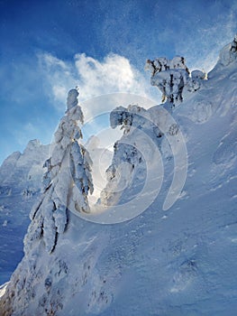 Winter in the mountains. Hiking during wintertime. Snow storm in the high mountains