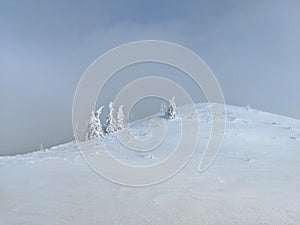 Winter in the mountains. Hiking during wintertime. Snow storm in the high mountains